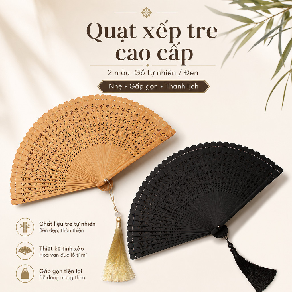 Quạt Gập Cổ Trang Cầm Tay Bằng Tre – Mini Gấp Gọn, Đạo Cụ Chụp Ảnh, Quà Tặng Xinh Xắn