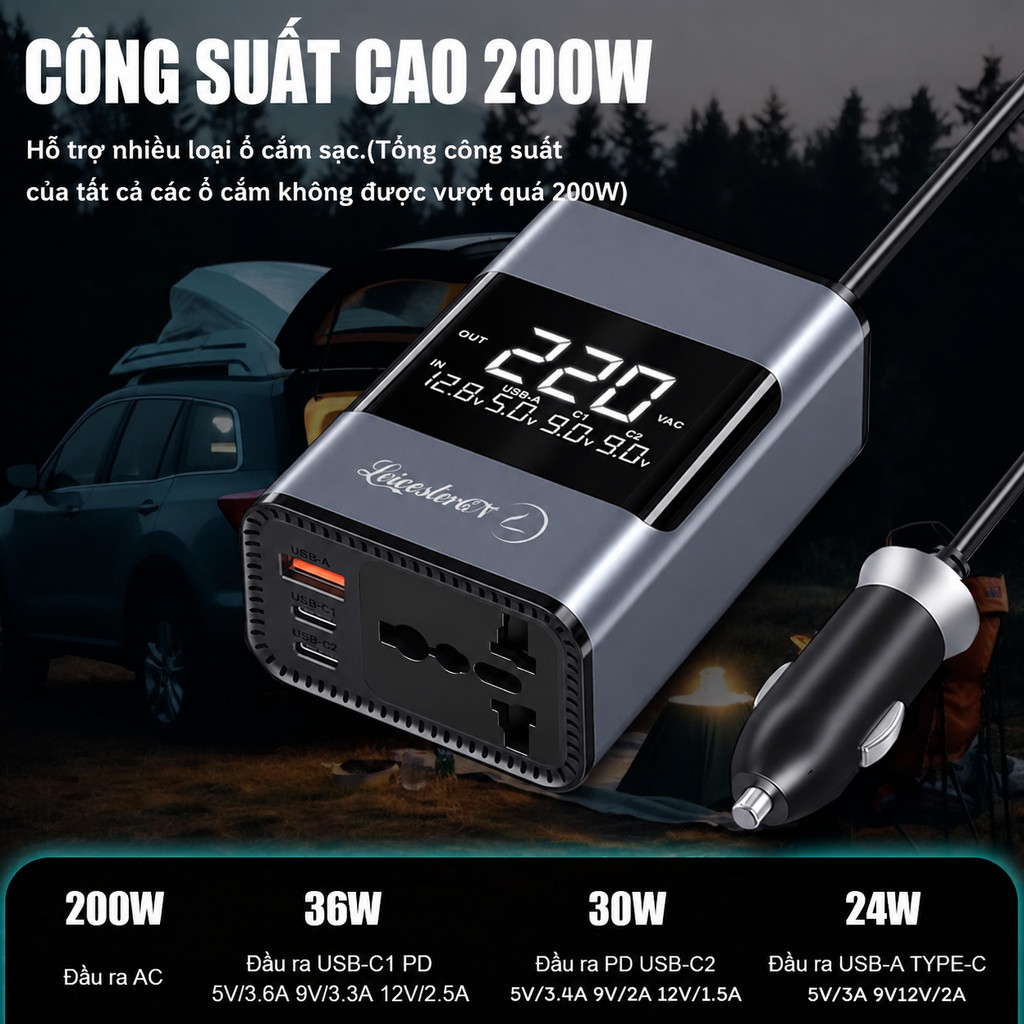 Bộ Sạc Ô Tô 200W USB Type-C Sạc Nhanh Laptop Điện Thoại Màn Hình LCD Bảo Hành 1 Năm