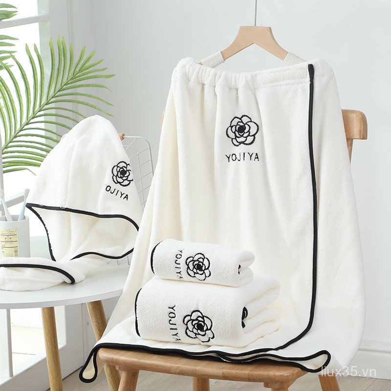 LXY Khăn Tắm Lông Cừu San Hô Bộ 4 Món Thấm Hút Nhanh Khô, Áo Choàng Gia Đình Phong Cách Camellia