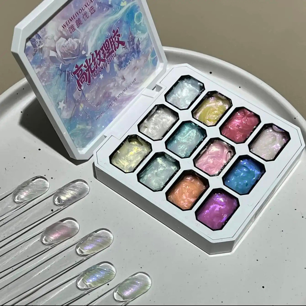 MIANEL 2026 Bảng 12 ô gel tạo vân bóng cao, khuôn sa tanh, gel tạo hình mỉm cười, chuyên dùng cho tiệm nail