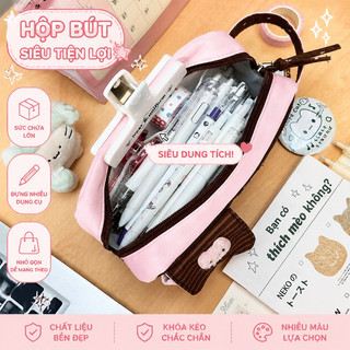 Hộp bút mèo cỏ bốn lá – Phong cách Hàn, dung tích lớn, nhiều ngăn – Dễ thương, sang trọng – Khóa kéo mượt, vải chắc