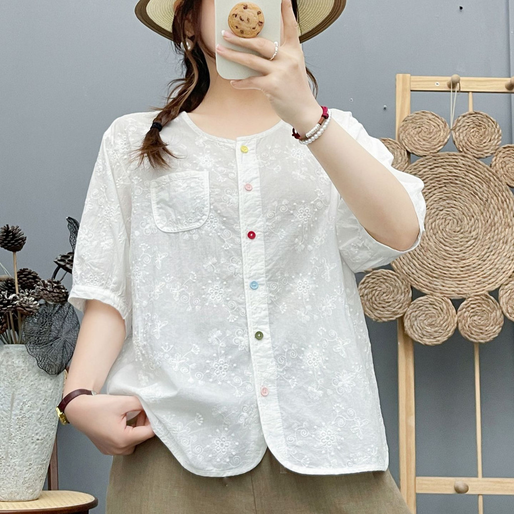 [Sẵn sàng] Áo sơ mi nữ Cotton chất lượng cao Nút màu thêu Jacquard tay ngắn dáng rộng Áo sơ mi ren công nghiệp