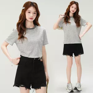 Áo thun sọc cơ bản dành cho nữ Lyocell cổ tròn đơn giản cổ điển phù hợp cho mọi trận đấu T mùa xuân hè Thẩm mỹ tối giản