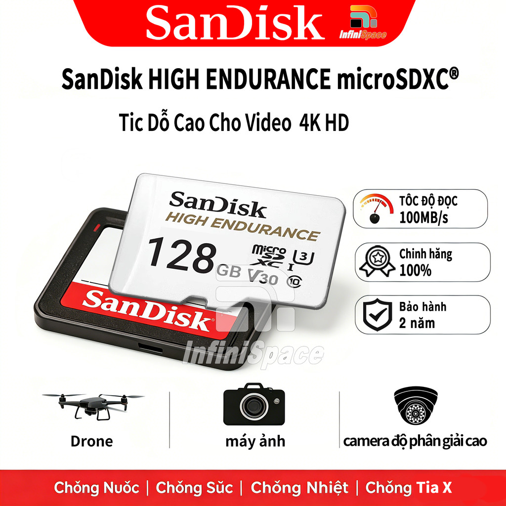 Thẻ nhớ MicroSDXC Sandisk High Endurance 32GB / 64GB / 128GB / 256GB 100MB/s Bảo hành 2 năm