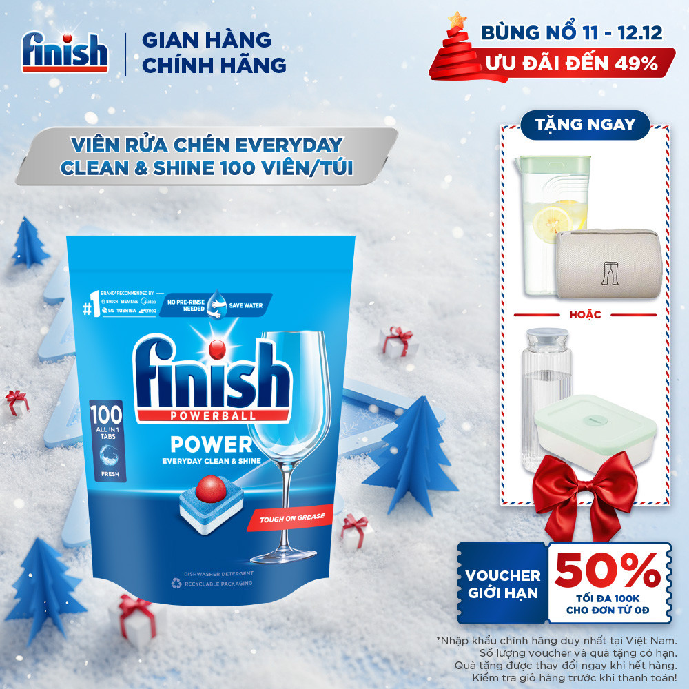 Viên Rửa Chén Bát Hương Chanh Finish Powerball Power Everyday Clean & Shine - Túi 100 viên siêu tiết kiệm