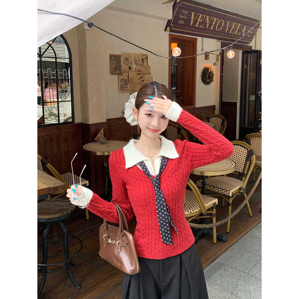 Thiết kế áo len hai mảnh dệt kim nữ, màu cà phê retro, tay dài, phù hợp mùa đông