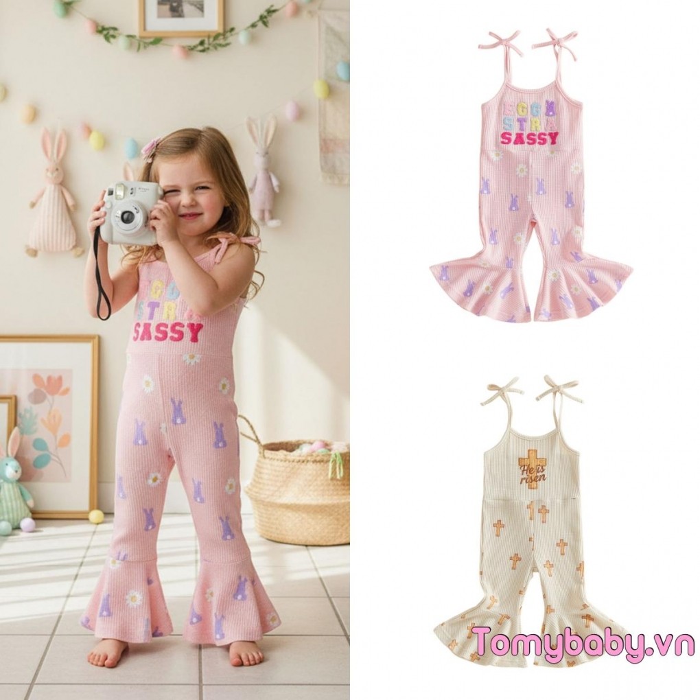 Bộ áo liền quần Phục sinh cho bé gái Chữ cái dễ thương Bunny thêu không tay dưới chuông tổng thể