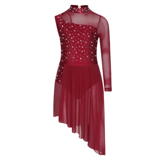 Yhong Trẻ Em Bé Gái Bất Đối Xứng Lời Khiêu Vũ Trang Phục Mock Cổ Cutout Sheer Lưới Chắp Vá Sáng Bóng Kim Cương Giả Bên Chia Đầm Khiêu Vũ