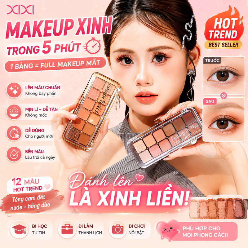 XIXI Bảng Phấn Mắt 12 Ô Tông Nâu Cam, Nhũ Mịn, Lên Màu Chuẩn, Dễ Tán, Lâu Trôi, Hợp Tân Thủ D820