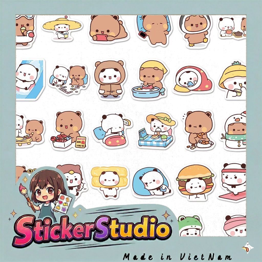 sticker bé gấu nâu trắng