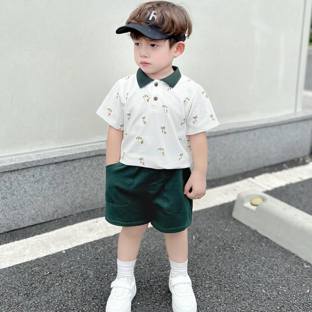 Bộ quần áo Polo In hình CÂY DỪA QUẦN XANH cho bé yêu, cotton mềm mát
