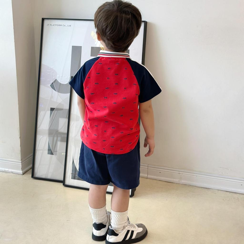 Bộ quần áo POLO TAY RAGLAN IN OTO ĐỎ CHO BÉ TRAI,  Bộ quần áo chất POLO thoải mái cho bé
