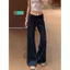 Phong cách mới Phong cách Hàn Quốc phù hợp Phong cách lười biếng Slimer Look Casual Màu xanh hải quân Chấm bi Quần loe Trous