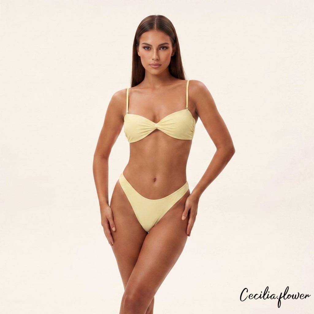 [Rjqu] Bộ Bikini 2 mảnh dành cho nữ Màu trơn quây Twist Front Bandeau + Bộ đồ tắm đáy cao