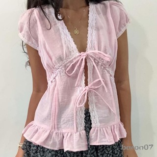 [xRsR] Áo Sơ Mi Nữ Tay Ngắn Buộc Ren Chắp Vá Slim Fit Áo Sơ Mi Mùa Hè