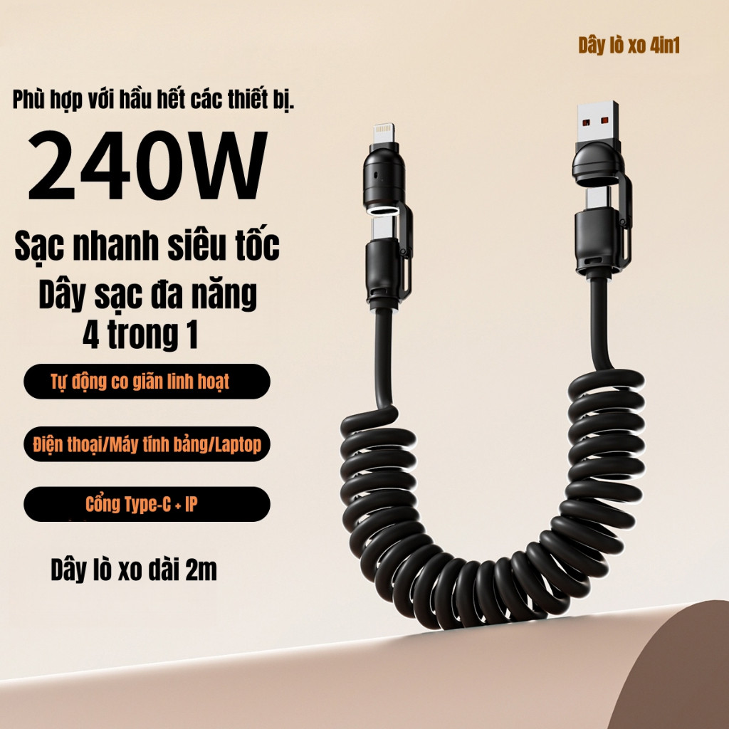 Cáp Sạc Nhanh 240W  Tốc độ sạc gấp  4 Trong 1, kim loại cao cấp,  bán chạy nhất