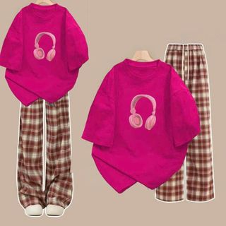 Bộ quần kẻ CARO đỏ cạp cao  + kết hợp áo phông unisex tay lỡ nam nữ form xinh- thubaaa
