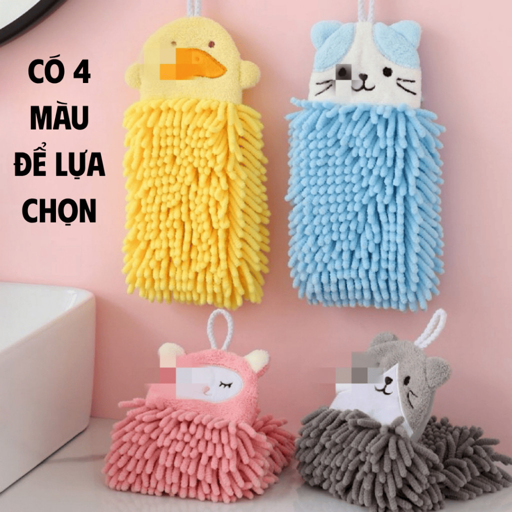 Khăn Lau Tay Vải San Hô Treo Tường Hình Thú Dễ Thương - Khăn Thấm Nước Nhanh, Mềm Mại, Có Dây Treo Cho Nhà Bếp