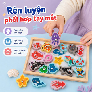 Đồ chơi gỗ câu cá nam châm – Sinh vật biển, ghép hình, xâu dây – Rèn luyện tay mắt, phát triển trí tuệ cho bé