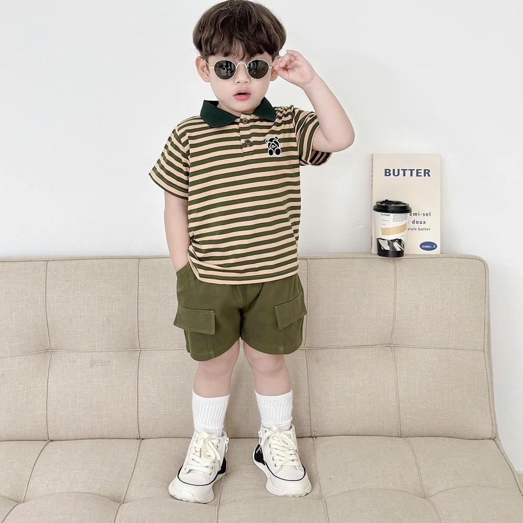 Bộ quần áo cộc tay KẺ NGANG IN HÌNH GẤU cho bé trai,  Bộ quần áo chất COTTON thoải mái cho bé