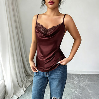 Nova-Áo tank top không tay phối ren satin dành cho nữ, cổ chữ V, dáng ôm, thời trang và gợi cảm.