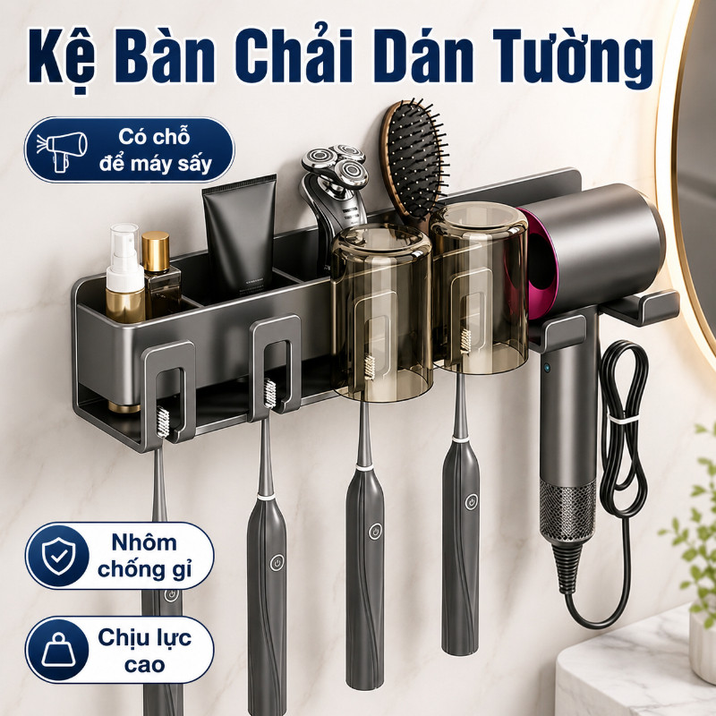 Kệ đựng Bàn Chải đánh Răng Dán Tường,có Chỗ để Máy Sấy, Nhôm Chống Gỉ, Chịu Lực Cao,cho Phòng Tắm