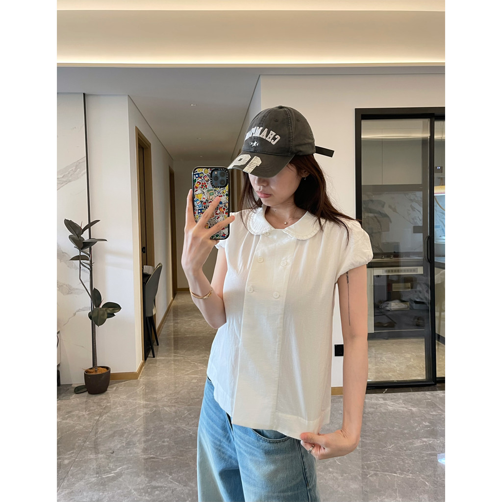 SUXI Áo sơ mi hai màu trơn cổ Peter Pan màu trơn mùa hè mới dành cho nữ 260514