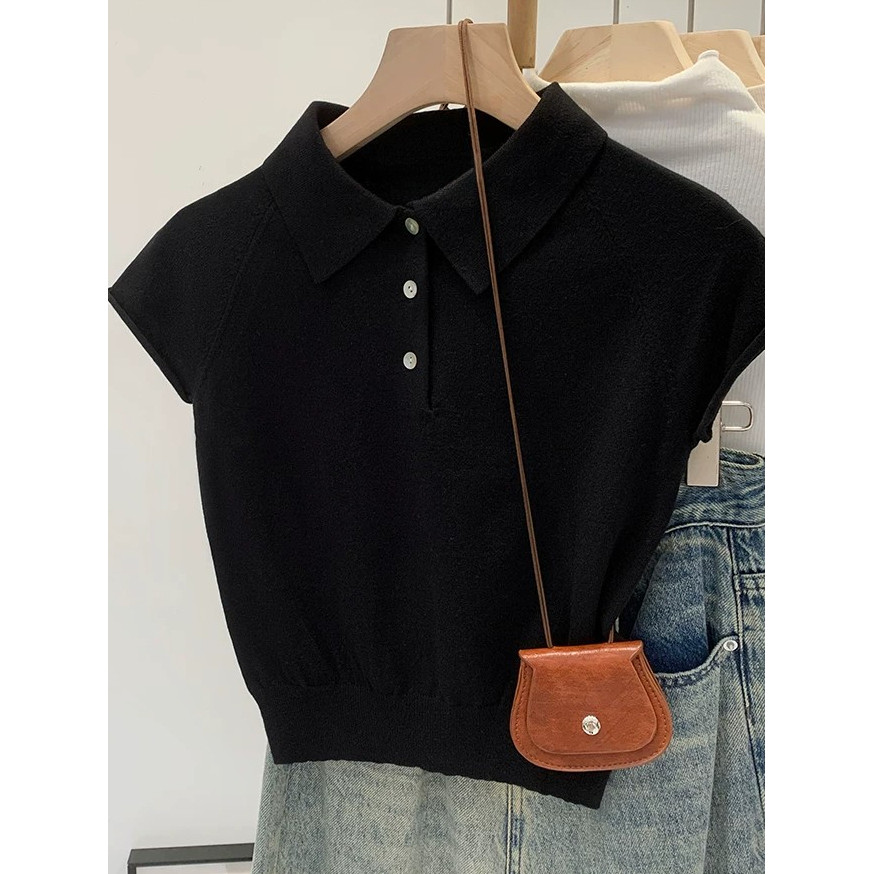 Mùa Hè Mới Nữ Crop Tops Nhẹ Nhàng Màu Trơn Cổ Polo Tay Ngắn Dệt Kim Áo Thun 260514