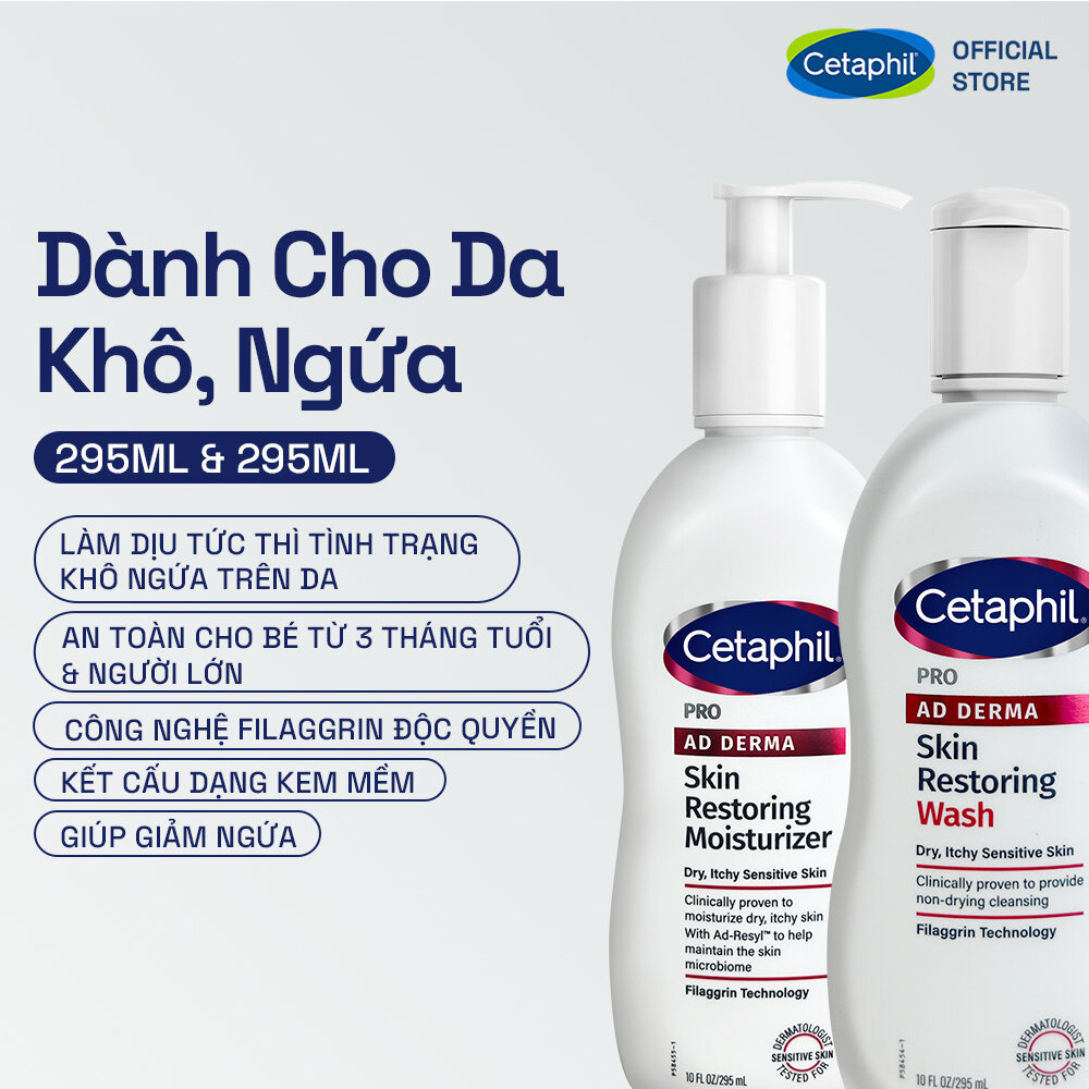 Combo Sữa tắm và Kem dưỡng cho da khô, ngứa Cetaphil Pro AD Derma Wash 295ml + Cetaphil Pro AD Derma Moisturizer 295ml