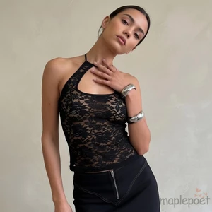 MAPLEPOET-Nữ Sheer Ren Dây Xe Tăng Áo Slim Fit Hoa Không Tay Mở Lưng Camisoles