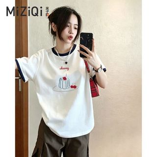 [MIZIQI] Áo thun ngắn tay Cotton nguyên chất màu tương phản dành cho nữ, Áo thun nữ dáng rộng thon gọn hơn