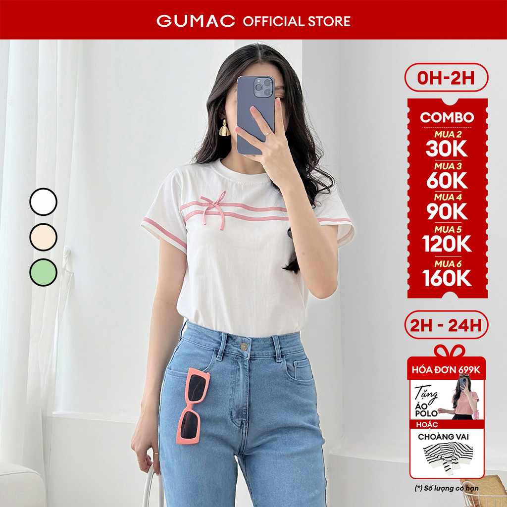 Áo thun nữ GUMAC cổ tròn phối dây nơ cotton co giãn thoáng mát thoải mái  LATF0423