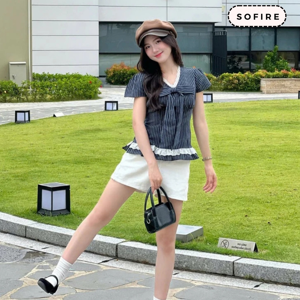 Áo Sơ Mi Kẻ Sọc Cổ Tim Kèm Nơ To Phối Ren Xinh Xắn Sofire, Áo Kiểu Nữ Viền Bèo Gấu Dễ Thương Thời Trang Mùa Hè -NT1