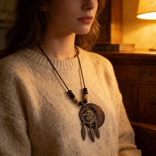 HEARTHLY Vòng cổ dài da gỗ handmade phong cách boho, mặt lá rỗng cho nam