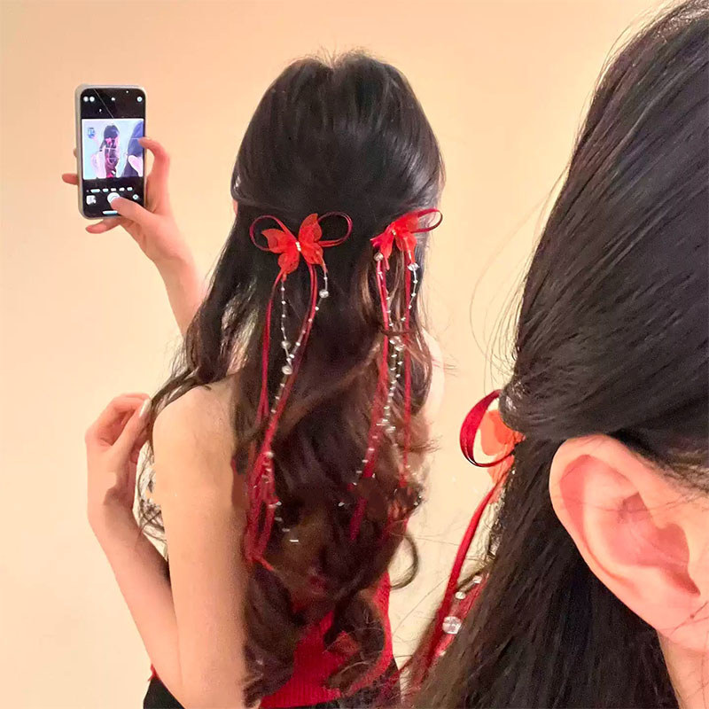 Kẹp tóc ruy băng bướm màu đỏ, ngọt ngào và tinh tế
