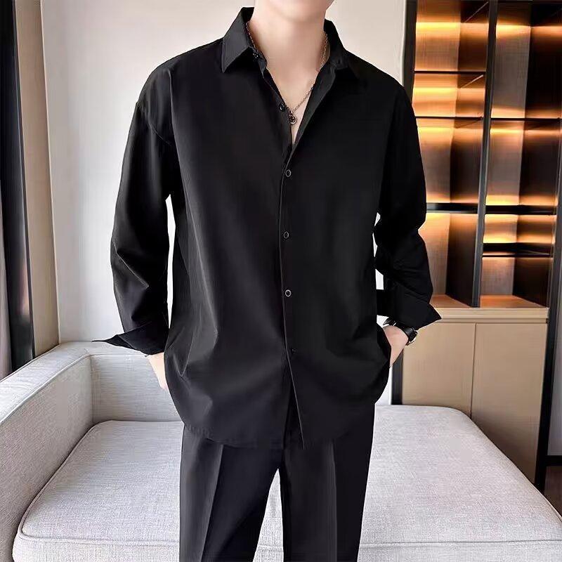 Drape Đen Ice Silk Áo Sơ Mi Tay Ngắn Nam Xù Đẹp Trai Mùa Hè Hợp Thời Trang Thường Ngày Rời Áo Sơ Mi Trắng Áo Khoác Top Chống Nhăn PI9I