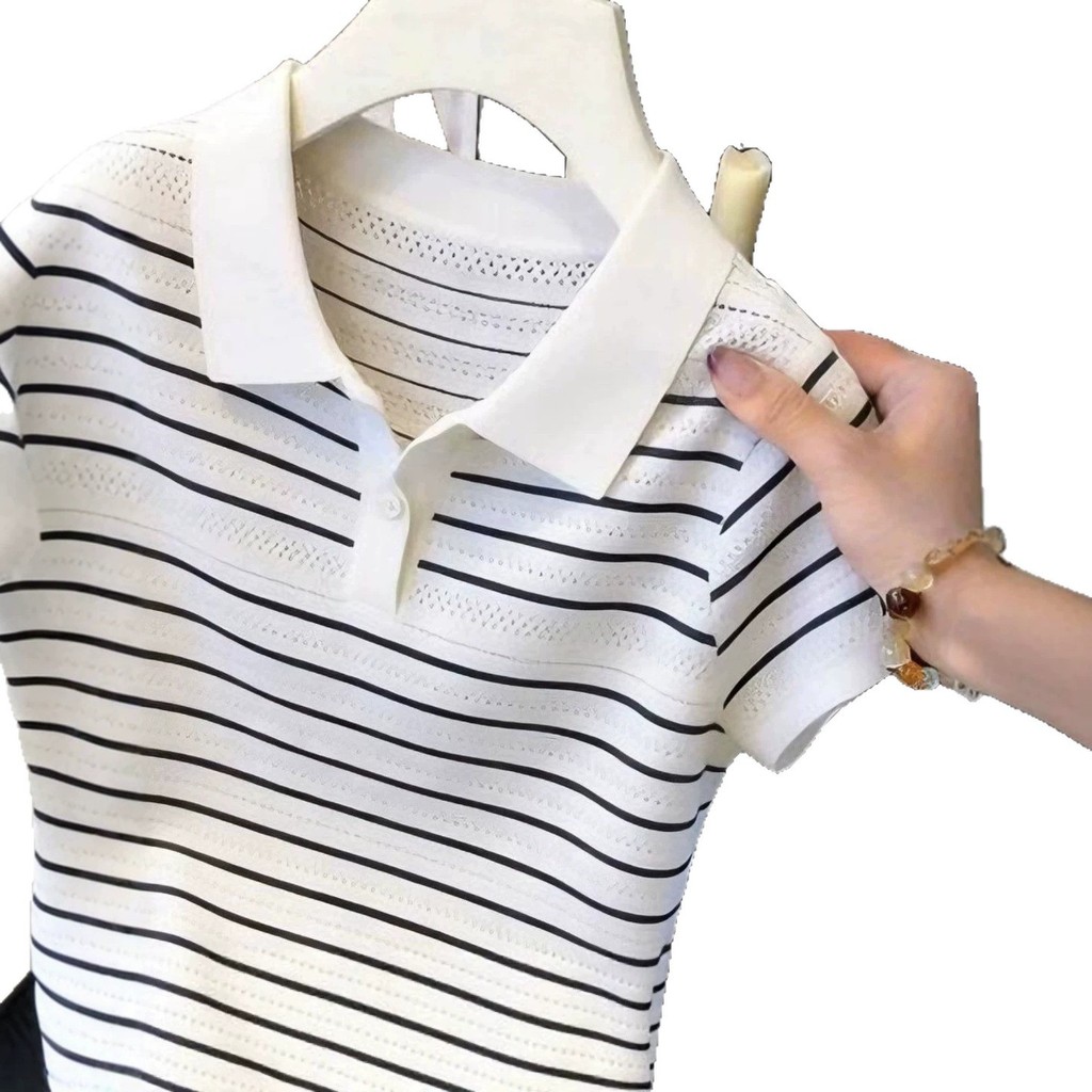 Nữ Mùa Hè Phong Cách Mới Nhất Ice Silk Pháp Sọc Cổ POLO Áo Len Tay Ngắn | Áo ve áo mỏng vừa vặn rỗng, dáng ôm hơn Tính khí phù hợp