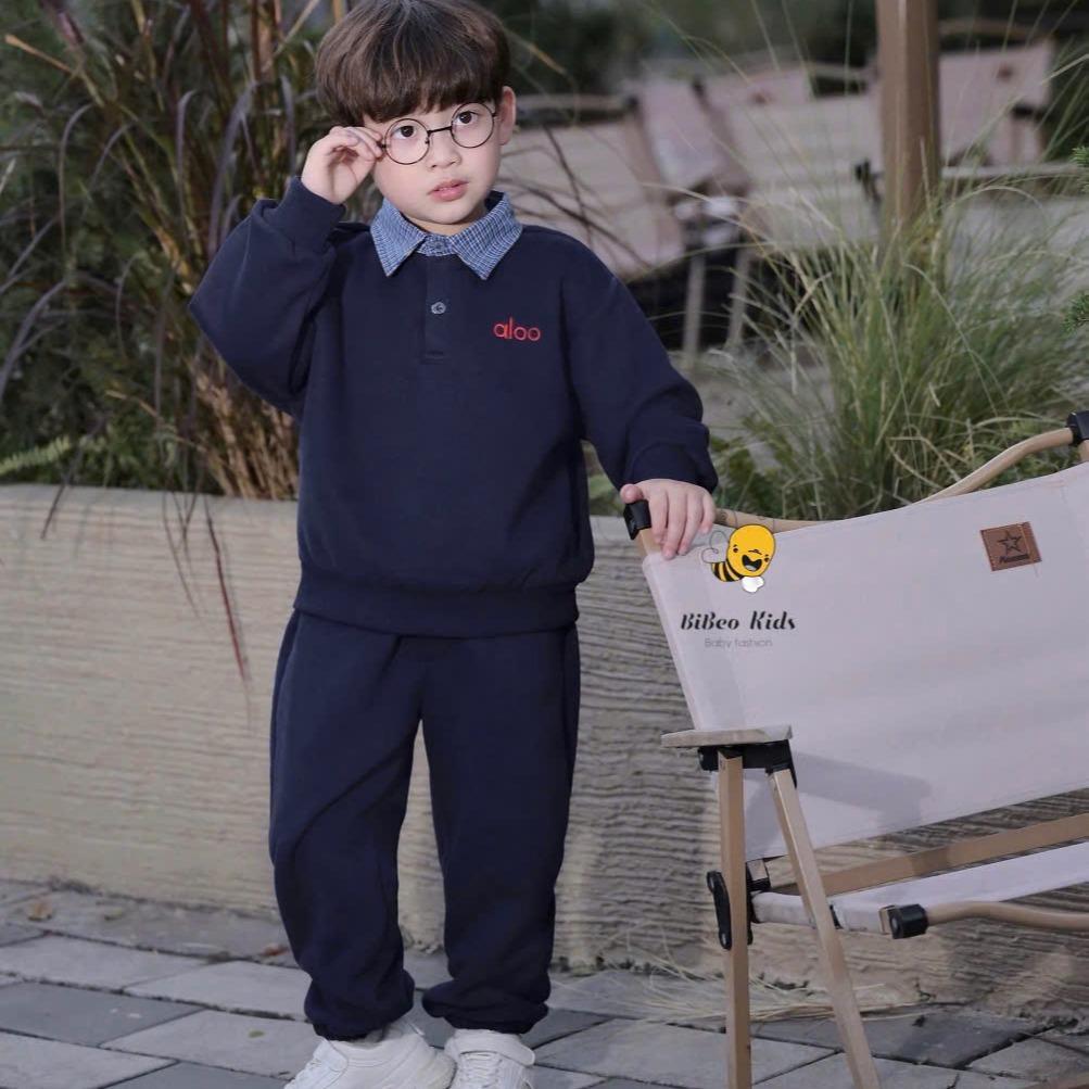 [BiBeo Kids] Bộ Quần Áo NỈ ALOO PHỐI CỔ SƠ MI  cho bé trai ,Bộ quần áo dài tay cho bé