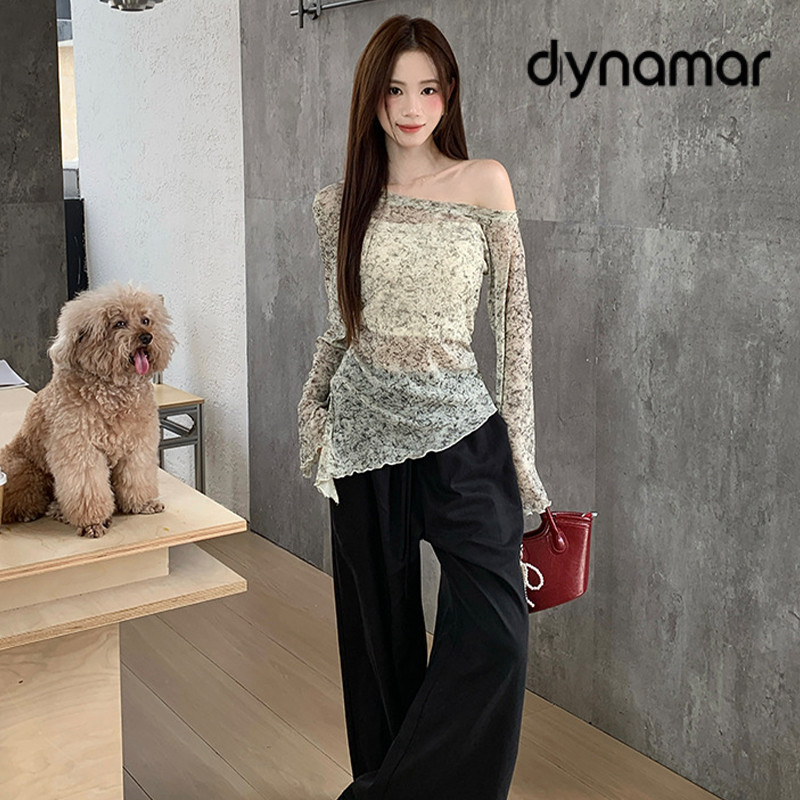 【dynamar】Hàng Có Sẵn-Áo thun dài tay trễ vai kiểu dáng ôm sát, vạt áo bất đối xứng, phong cách thời trang dành cho nữ.