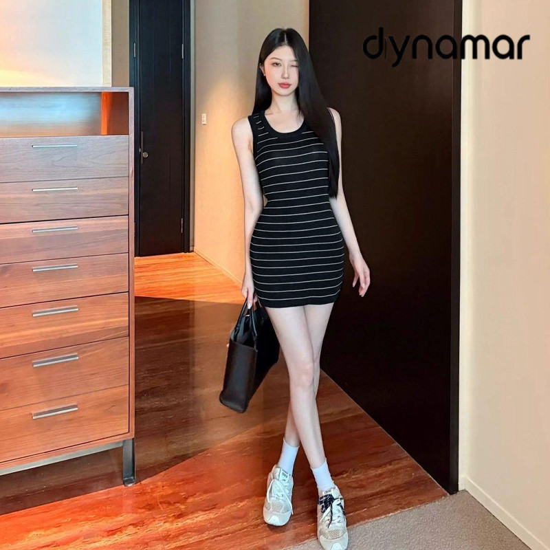 【dynamar】Đầm dệt kim kẻ sọc tương phản dành cho nữ, kiểu dáng thời trang, không tay, cổ chữ U, dáng ôm