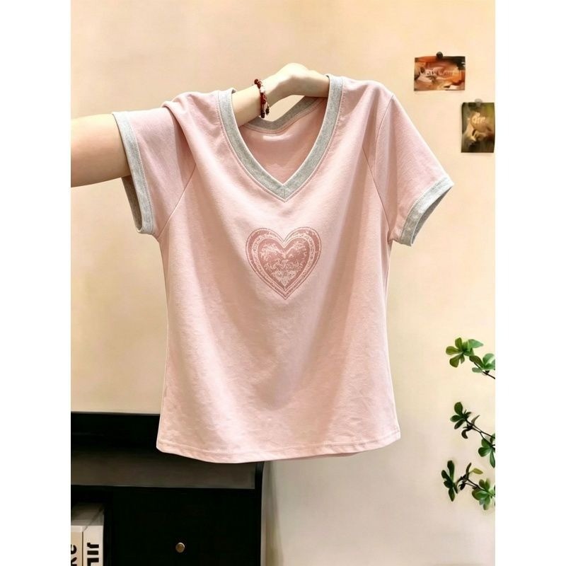 Cotton plus size Hàn Quốc Cổ Chữ V In Hình Tình Yêu Mùa Hè Mới Rời Tay Ngắn Dành Cho Nữ