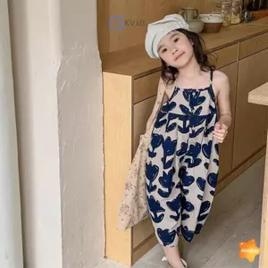 Bộ áo liền quần bé gái mùa hè Quần áo trẻ em Bộ áo liền quần yếm bé gái Quần ống rộng Quần crop Quần áo tình yêu thời trang mới