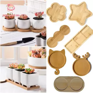 PWSSEND Giá đỡ cây cảnh mọng nước, Khay đựng chậu hoa hình chữ nhật bằng gỗ tre, Quà tặng Cartton Cat Deer Trang trí nhà cửa Đế lót ly ngôi sao năm cánh