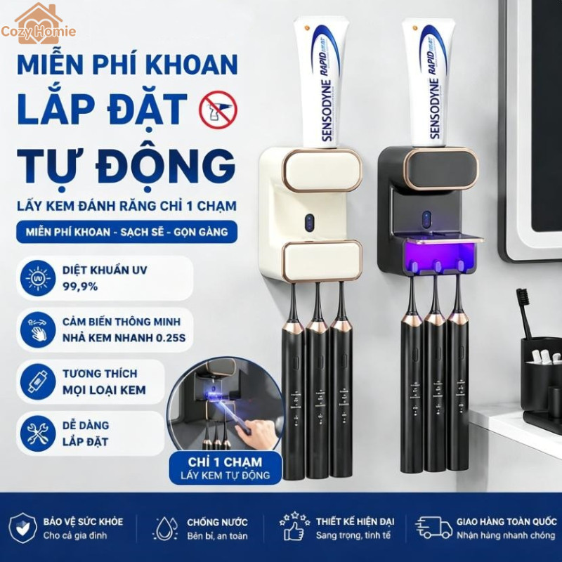 Máy tiệt trùng bàn chải đánh răng UV KLS-958, cảm biến thông minh, bộ phân phối kem đánh răng tự động