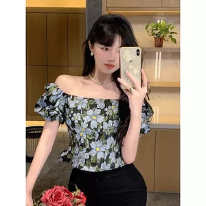 Áo sơ mi cổ vuông cổ điển khí chất kiểu Pháp dành cho nữ mùa hè ngắn vừa vặn Slim-fit Thiết kế dáng ôm hơn Áo tay phồng Niche