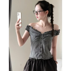 Áo kiểu body trễ vai viền bèo kẻ caro Miha Studio