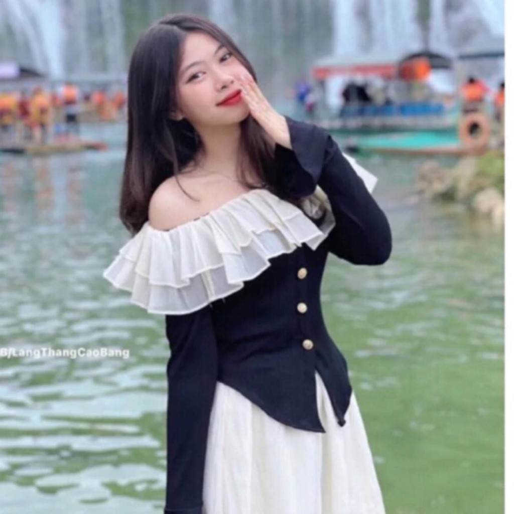 (lẻ set Áo Váy) Áo nữ Tiểu Thư Trễ Vai đính cúc nhẹ nhàng bánh bèo  A198