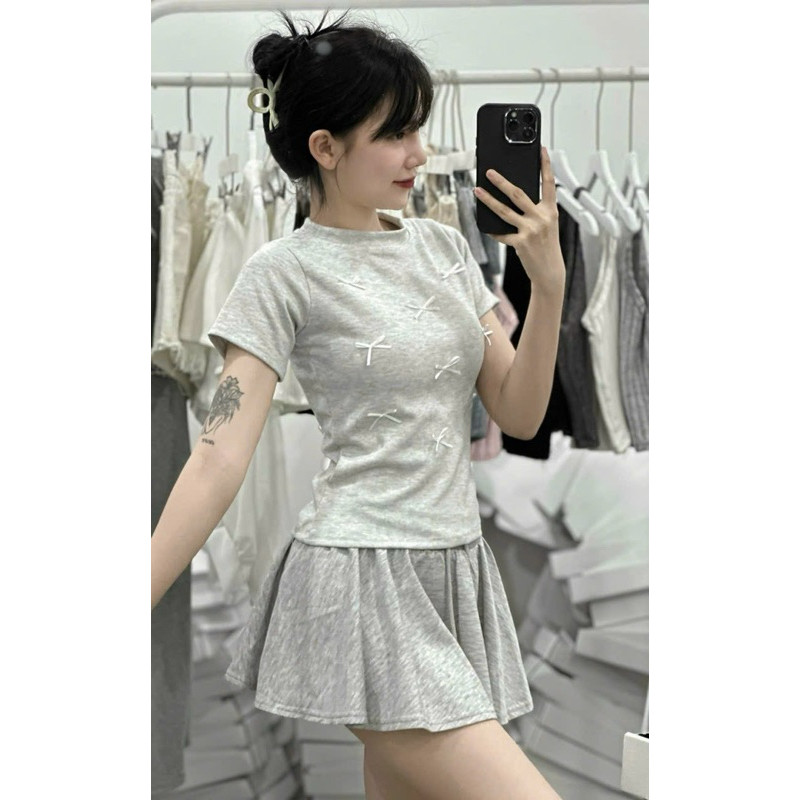 Áo thun baby tee đính nhiều nơ chất cotton co dãn phong cách Hàn Quốc M150