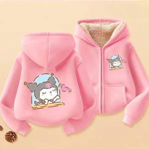 Kuromi Trẻ Em Zip Áo Khoác Lông Cừu Ấm Áp Lót Mềm Mại Hoạt Hình Có Mũ Trùm Đầu Áo Khoác Ngoài Thoải Mái Cho Bé Gái