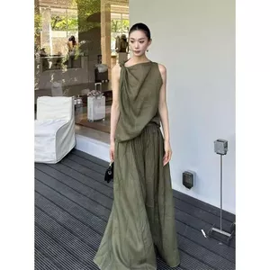 Mùa hè mát mẻ Thư giãn Cảm giác mặc kỳ nghỉ Giải trí Váy không tay thắt nút màu xanh lá cây phù hợp với nữ